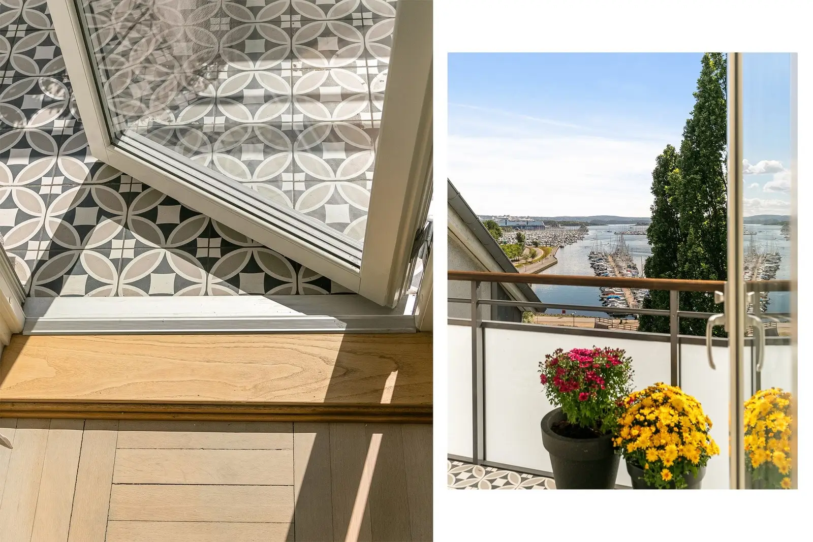 Balkongen fungerer som en herlig flott forlengelse av stuen med plass til forskjellige utemøblement, grill og beplantning.